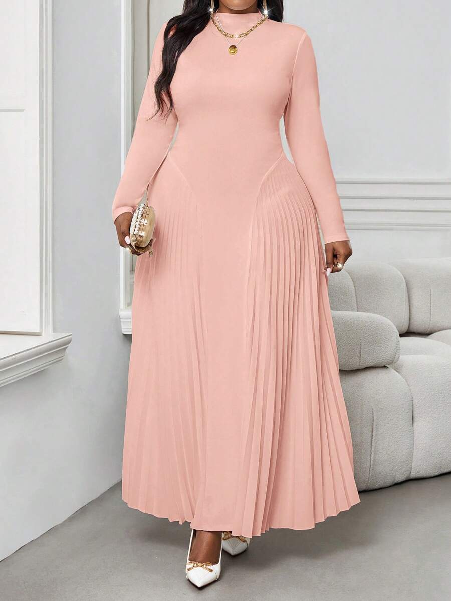 SHEIN Lady 秋冬优雅职场粉色针织立领褶皱飘逸长袖大码连衣裙，适合秋季和冬季穿着，优雅女装，秋季曲线美人装。 - 粉色 - 查看 1