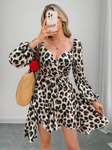SHEIN Frenchy Women's Casual Leopard Print Lantern Sleeve Asymmetrical Hem Mini Sundress, Belted Dress, Suitable For Spring And Autumn Winter Cheetah - Multicolor - View 3