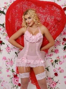 Camisón sexy de mujer con volantes, tirantes cruzados de encaje, lazo, romántico y dulce para el Día de San Valentín
