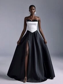 Elitara Elegant Black & White Color Blocking Luxury Sequin Decor A-Line Lace Up Back Formal Evening Gown, Wedding Guest Dress, Party Dress - Black and White - View 4