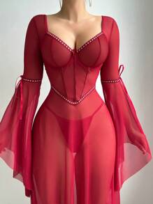 SHEIN 2pcs/Set Valentine's Gothic Sexy Ruffled Long Sleeve Underwire Dress + Thong Set - Burgundy - View 5