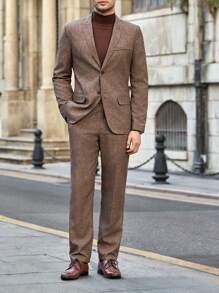 Manfinity VCAY 2pcs/Set Men's Close-Fitting Casual Suit Set, Suitable For Autumn/Winter - Brown - View 5