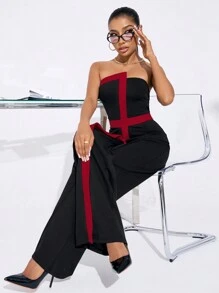 SHEIN SXY Mono de pierna recta con contraste de color sin mangas para uso en oficina, ropa de mujer de temporada otoñal