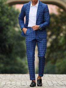 Calvornis 男士商务通勤日常搭配 INS 蓝色格纹西装套装，适合情侣装，非常适合圣诞节、新年假期、婚礼、派对和日常穿着。男士两件套服装 - 藏蓝色 - 查看 1