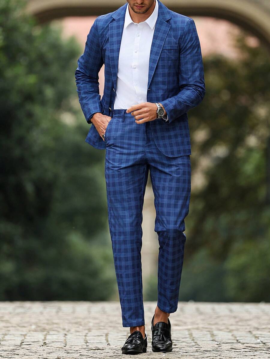 Calvornis 男士商务通勤日常搭配 INS 蓝色格纹西装套装，适合情侣装，非常适合圣诞节、新年假期、婚礼、派对和日常穿着。男士两件套服装 - 藏蓝色 - 查看 1