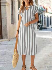 EMERY ROSE Váy ngắn tay họa tiết hoa sọc cổ chữ V mùa hè cho nữ - Xám - Xem 6