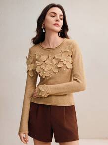 Anewsta 手工钩编串珠优雅修身卡其色女士毛衣，新年女士针织套头衫秋冬款