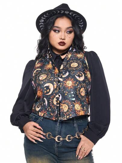 Hippie Veste en velours tie-dye avec soleil et lune pour grandes tailles, style hippie