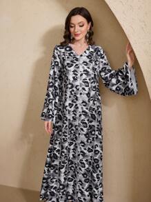 Al Najma Ditsy Floral Loose Long Sleeve Breathable Slim Dress, Spring 2025 New Arrival - Black and White - View 3