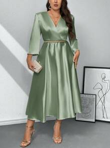 Firerie Plus Size Women Romantic Elegant Long Sleeve V-Neck A-Line Midi Dress, Suitable For Bridesmaid, Date, Party, Wedding, Loose Fit