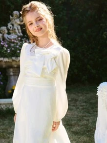 SHEIN Tween Girl 蝴蝶结装饰休闲长袖连衣裙，舒适