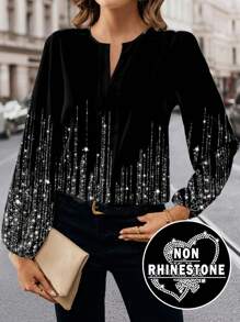 SHEIN Clasi 女士休闲简约黑色闪光衬衫，适合春秋季节 - 黑色 - 查看 7