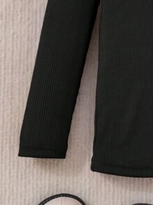 SHEIN 年轻女孩休闲时尚百搭黑色针织荷叶边长袖衬衫 - 黑色 - 查看 3