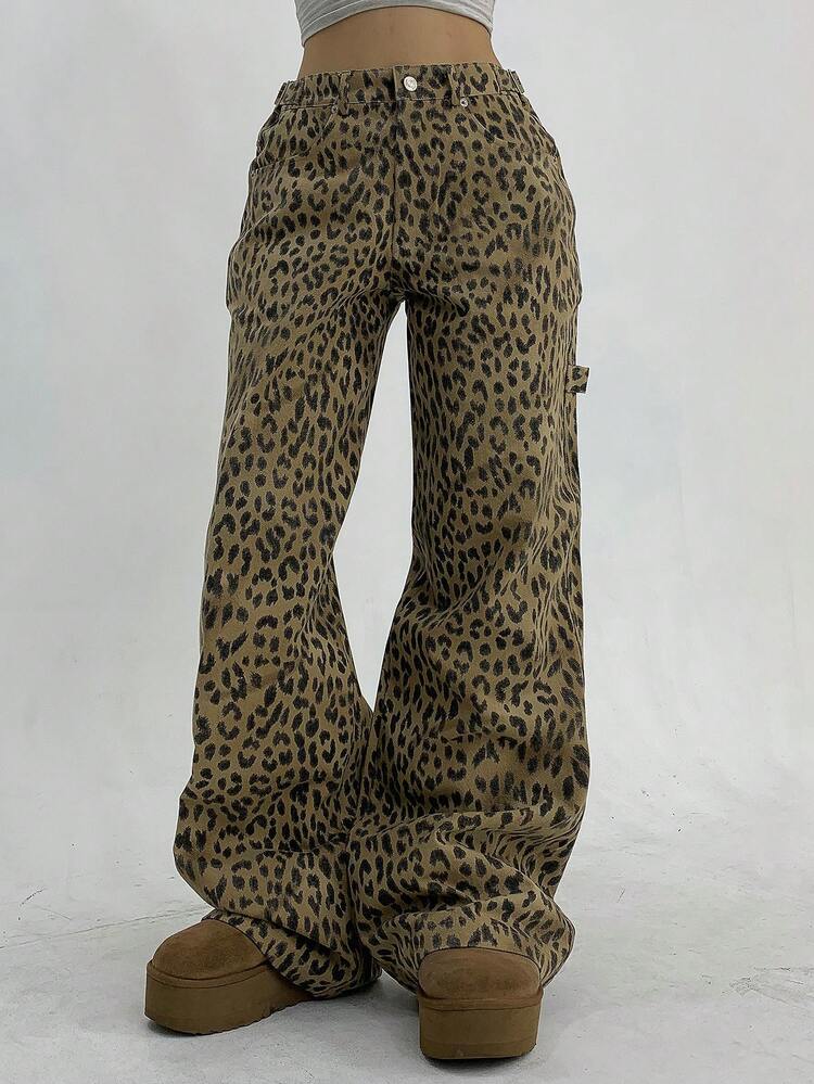Women's Casual Front Button Pocket Leopard Print Street Pants