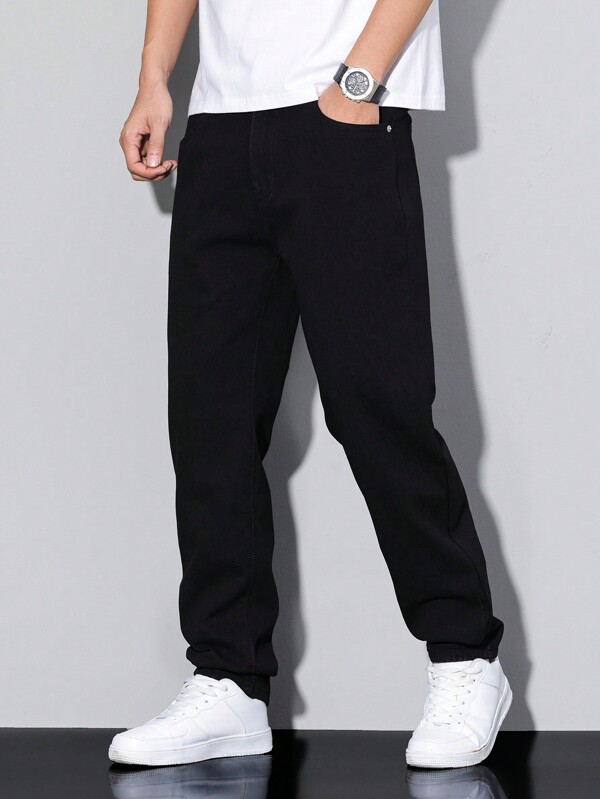 Manfinity Homme Men's Simple Style Casual Daily Solid Color Jeans, Black Joggers Men