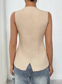 SHEIN EZwear Áo vest không tay đơn giản có túi cài nút phía trước dành cho nữ, trang phục thường ngày vào mùa thu/đông - Màu Khaki - Xem 2