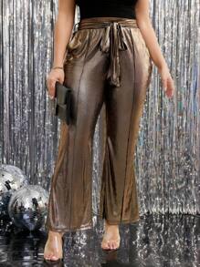 SHEIN LUNE Metallic Coated Stretch Fabric Waist Bowknot Flare Pants, Slimming Plus Size Trousers New Years Women Outfit New Years Outfit New Year Eve Outfit
