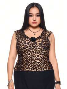ROMWE J-Fashion Camiseta feminina plus size com estampa de leopardo e decoração floral 3D - Castanho - Ver 6