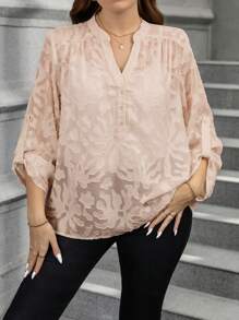 SHEIN Clasi 1pc Women Plus Size Cut-Out Sleeve Turndown Collar Blouse, Elegant Business/Commuter Wear, Navy Blue