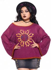 ROMWE Hippie Whimsgoth Retro Sun Embroidery Pullover Sweater - Multicolor - View 3
