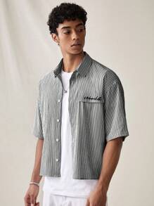 SWAVVY 男士时尚休闲条纹印花宽松短袖衬衫，春夏 - 灰色 - 查看 5