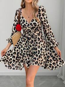 SHEIN Frenchy Women's Casual Leopard Print Lantern Sleeve Asymmetrical Hem Mini Sundress, Belted Dress, Suitable For Spring And Autumn Winter Cheetah - Multicolor - View 4