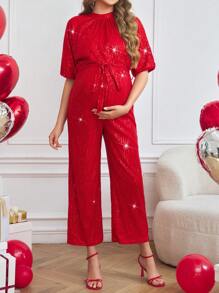 SHEIN Maternity Sequin Elegant Loose Sequin Jumpsuit - Red - View 1
