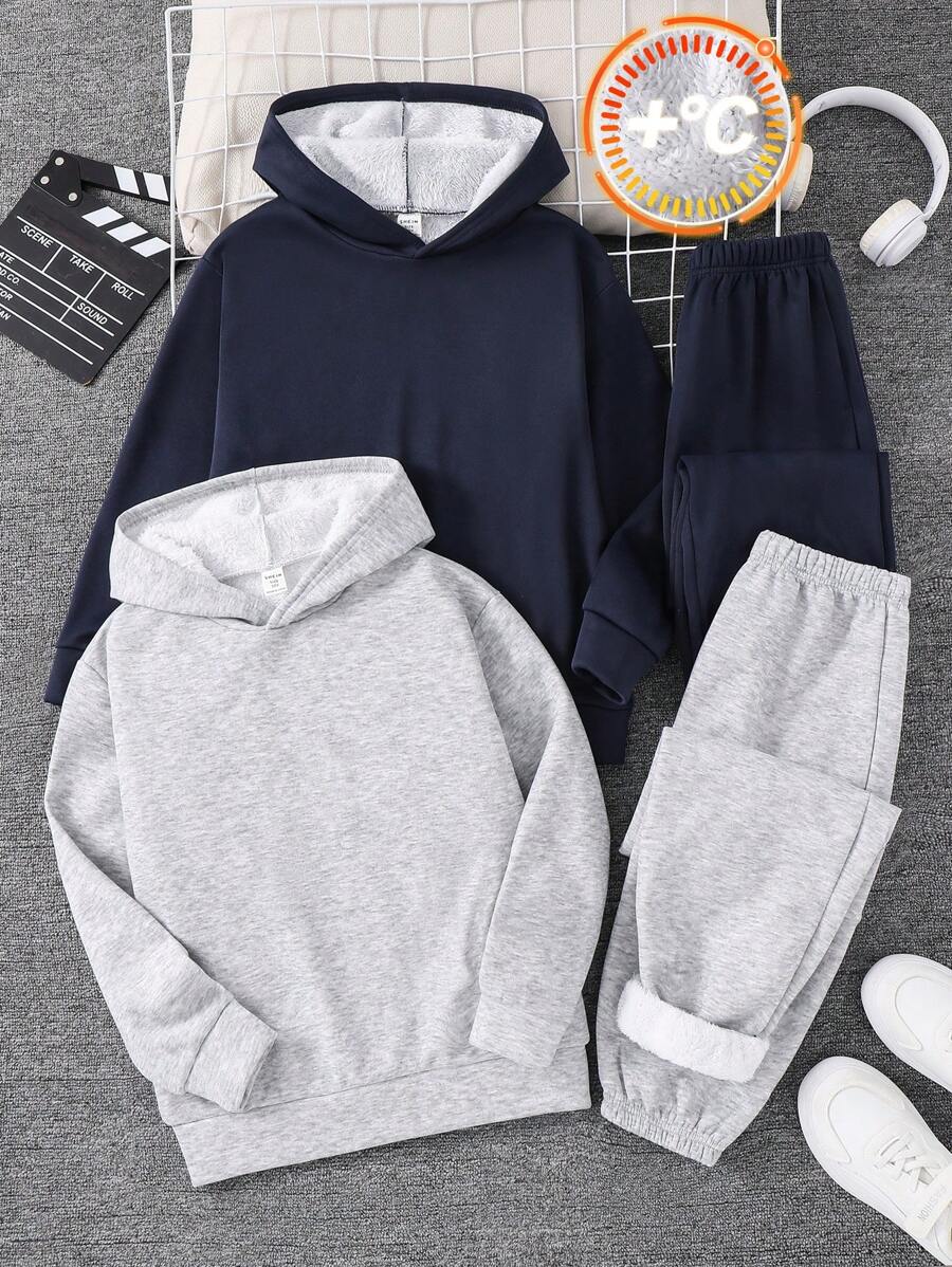 4pcs Tween Boys Casual Solid Color Hoodie And Elastic Waist Pants Set, Multi-Pack, Suitable For Autumn, Spring, Winter, Suitable For Outdoor Play, School, Street Style, Party, And Home Leisure, High Cost-Performance