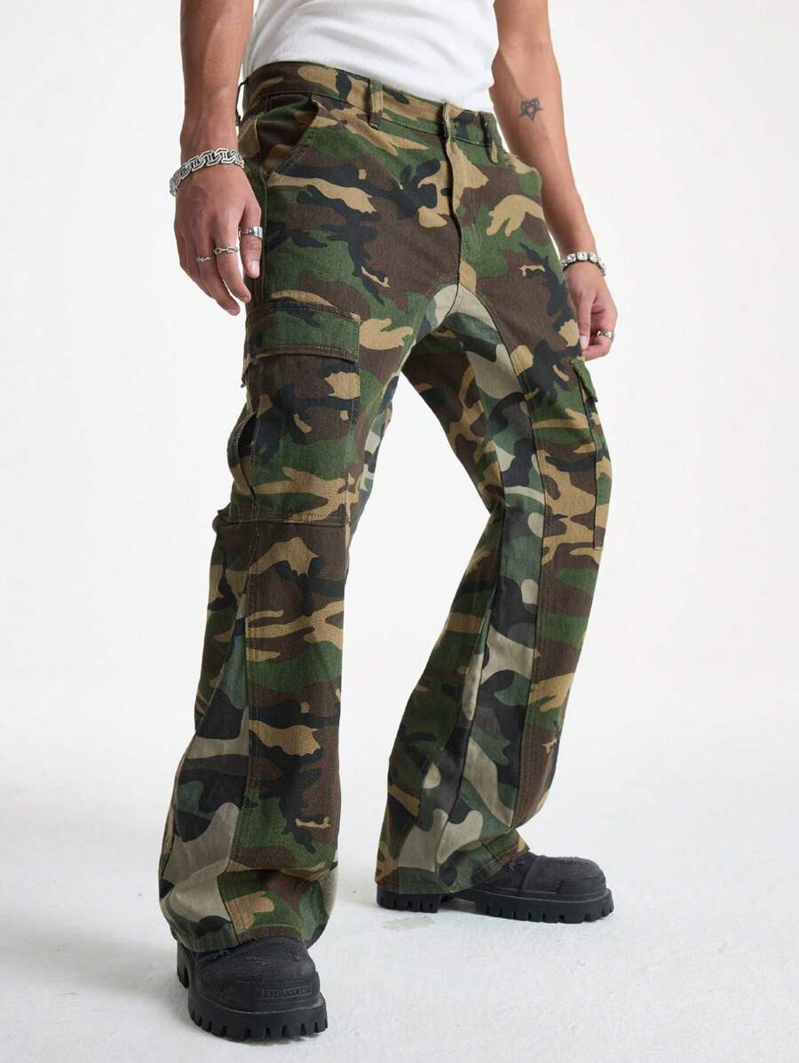 Manfinity EMRG Men's Casual Front Button Closure Camouflage Denim Flared Street-Style Pants - Army Green - View 1