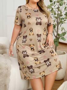 Simple Fashionable Cartoon Bear Print Plus Size Casual Nightgown For Everyday Wear