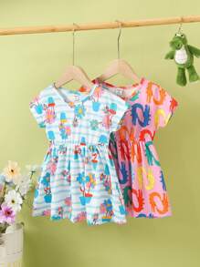 SHEIN 2pcs Baby Girl Casual Floral Digital Print Dress Set, Simple Style - Multicolor - View 1