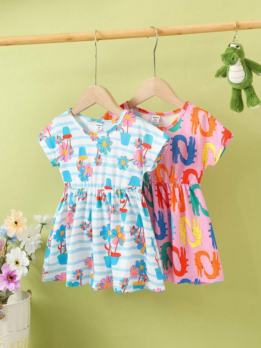 SHEIN 2pcs Baby Girl Casual Floral Digital Print Dress Set, Simple Style - Multicolor - View 1