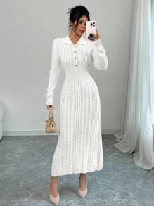 Chiquease Simple Solid Color Knitted Sweater Dress, Casual & Fashionable For Everyday Wear - White - View 5