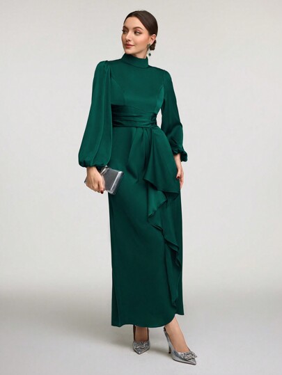 Veilorie Women Solid Color Stand Collar Ruffle Hem Long Sleeve Casual Dress Modest