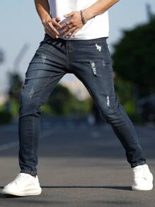 Manfinity LEGND Men's Pocket Ripped Skinny Casual Fashionable Denim Jeans - Blue - View 6