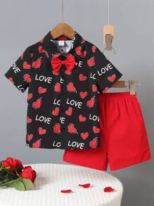 SHEIN Bộ đồ thường ngày cho bé trai 2 món: Áo phông in hình tay ngắn cài nút phía trước và quần short - Nhiều màu - Xem 1