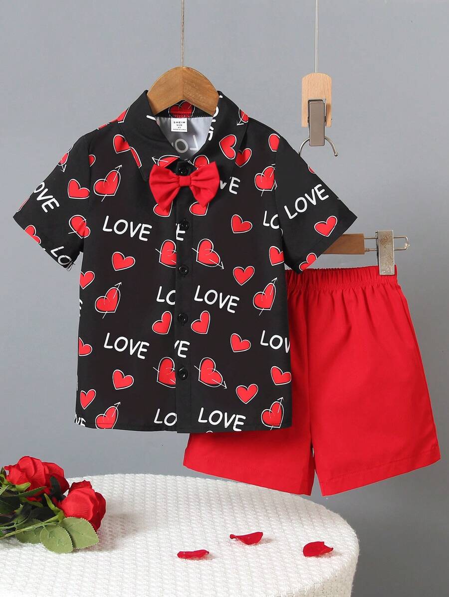 SHEIN Bộ đồ thường ngày cho bé trai 2 món: Áo phông in hình tay ngắn cài nút phía trước và quần short - Nhiều màu - Xem 1