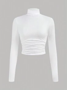 SHEIN Girlism 4 件装少女纯色豹纹印花高领褶皱长袖 T 恤套装