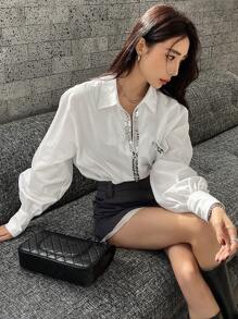 DAZY 女式宽松闪亮亮片拼接长袖口袋休闲学院风衬衫 - 白色 - 查看 7