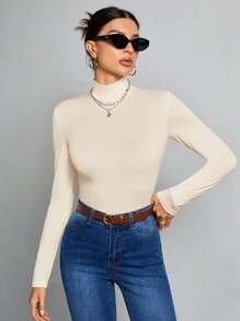 SHEIN Tall Simple Solid Color Slim High Collar White Top Suitable For Autumn And Winter Basic Long Sleeve Tops, Tall Women - Beige - View 6