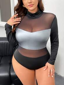 SHEIN Privé Body de dimensiuni plus confortabile, casual, elastic, din plasă din PU, cu mânecă lungă, neagră, potrivită pentru doamnele de începutul toamnei - Gri inchis - Vizualizare 1