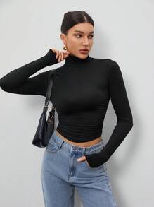 SHEIN Tall Áo thun nữ cổ bẻ màu đen giản dị, mùa thu - màu đen - Xem 5