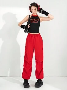 SHEIN Explorewe 2 件青少年女孩涂鸦字母印花吊带背心和宽松工装裤套装，时尚街头风格，适合春夏休闲外出