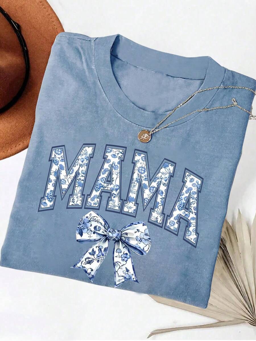 TaskSense 女式复古花卉印花 T 恤，带蝴蝶结装饰，复古妈妈风格 - 霧霾藍 - 查看 1