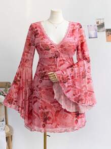 Soleia Women Plus Size Vacation Floral Print V-Neck Lace Trim Bowknot Decor Vintage Print Flare Sleeve A-Line Mini Dress, Autumn/Winter - Multicolor - View 9