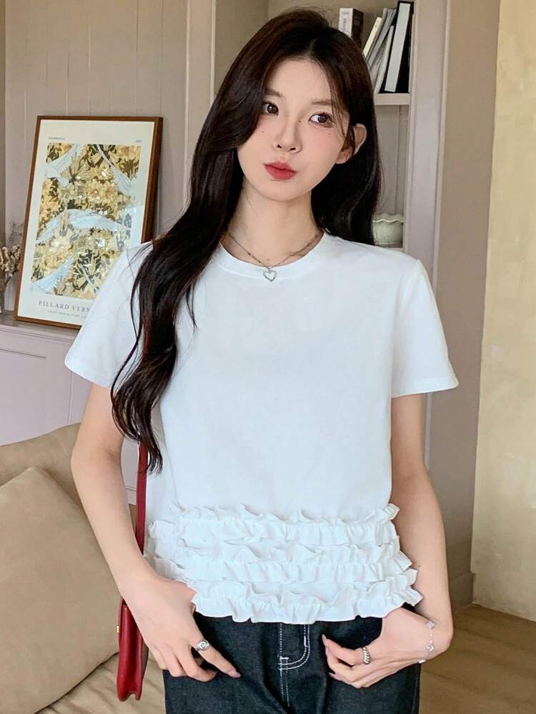 Women Frill Trim Solid Color Crew Neck Casual Short Sleeve T-Shirt Summer