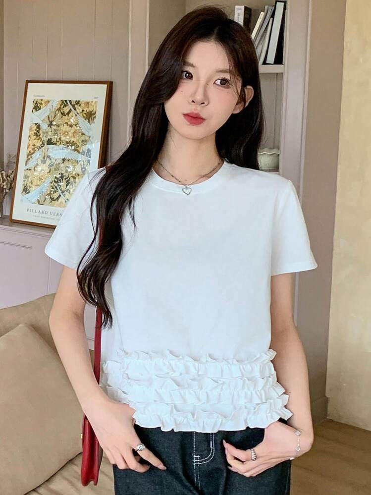 DAZY Camiseta de manga corta casual de cuello redondo de unicolor con volantes para mujer, ideal para el verano - Blanco - Añade 2