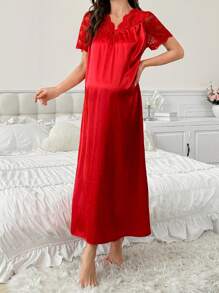 Moonlight&Mama Camisón de maternidad elegante de encaje con diseño suave y amigable con la piel, de seda sintética - Rojo - Ver 6