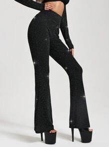 Menodora SHEIN Sport Menodora SHEIN Sport 女士高腰水钻装饰喇叭优雅时尚运动裤 - 黑色 - 查看 5