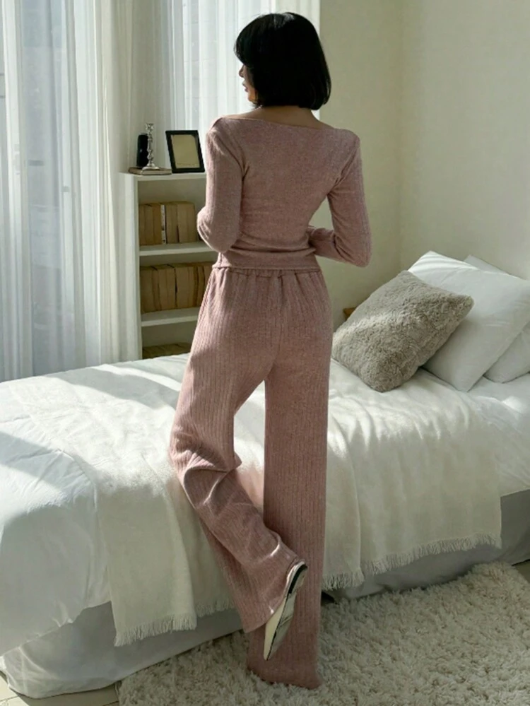 2pcs/Set Women Ribbed T-Shirt & Leggings Set, Form-Fitting Pink, Spring/Autumn